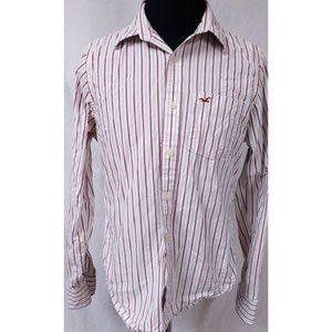 Hollister California XL Red White Stripes Long Sleeve Button Up Heavy Logo Shirt